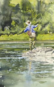 Painting of fly fisherman done by Andy Sewell