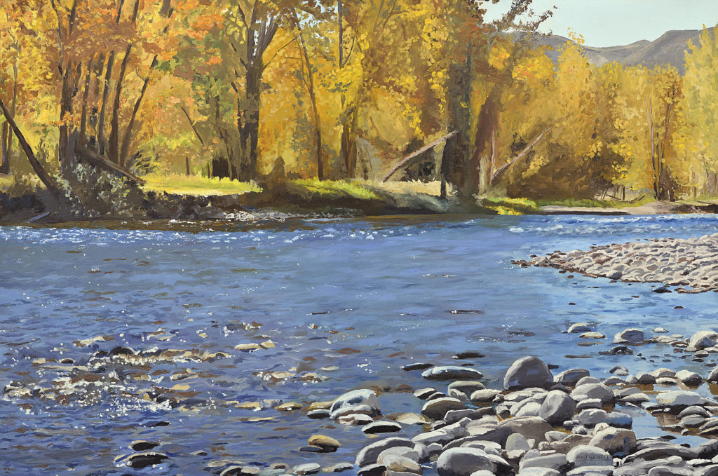 Painting of a river and aspen trees