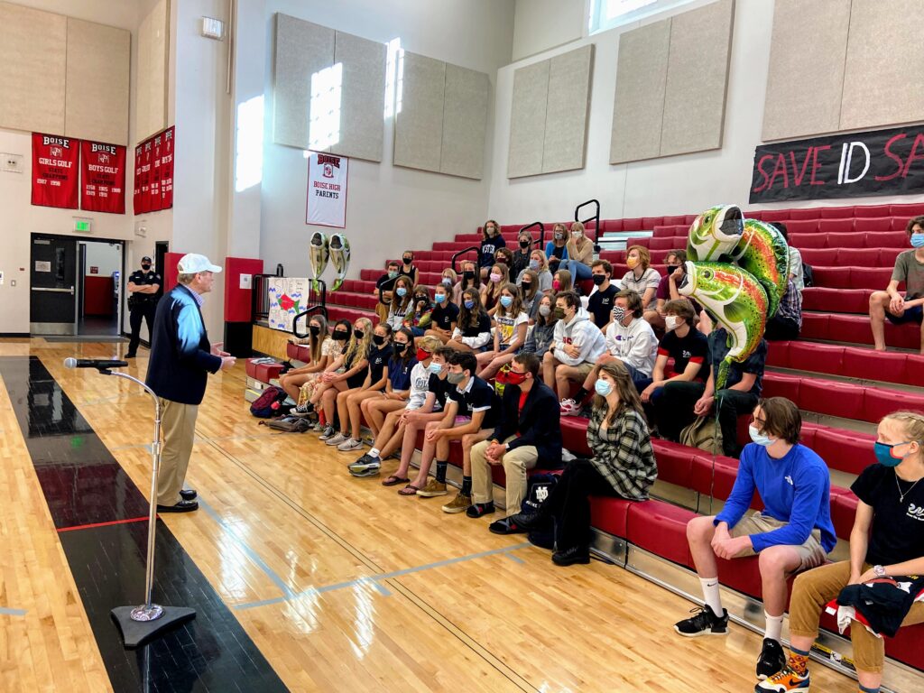 Congressman Mike Simpson speaks to Youth Salmon Protectors at Boise High School