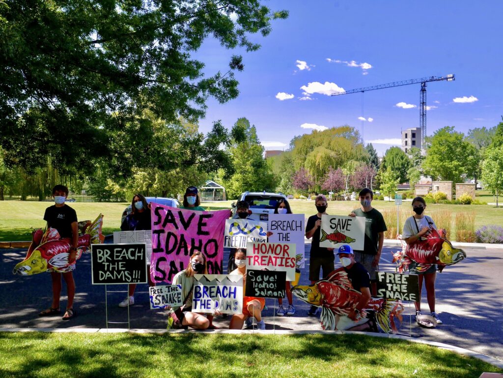 Youth Salmon Protectors rally in Julia Davis Park ahead of a meeting with Senator Mike Crapo's staff in Boise, ID